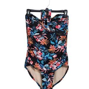 Merona one piece swimsuit black floral print Sz M